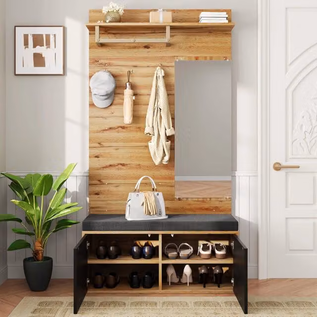 Mobile ingresso moderno con specchio e seduta in truciolare nero e marrone L/P/H: 190 x 60 x 38 cm