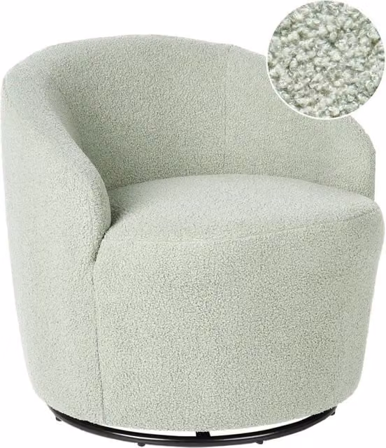 Poltrona Beliani in tessuto bouclé verde chiaro con schienale curvo, base girevole 360° e dettagli dorati in stile Art Deco