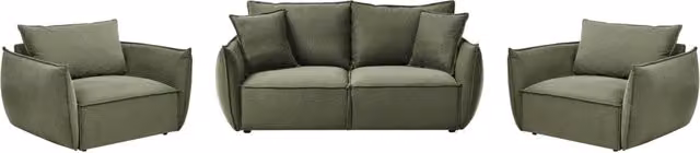 Set da salotto moderno Beliani IT in tessuto verde composto da divano a 3 posti e poltrona con struttura in legno massiccio e cuscini inclusi