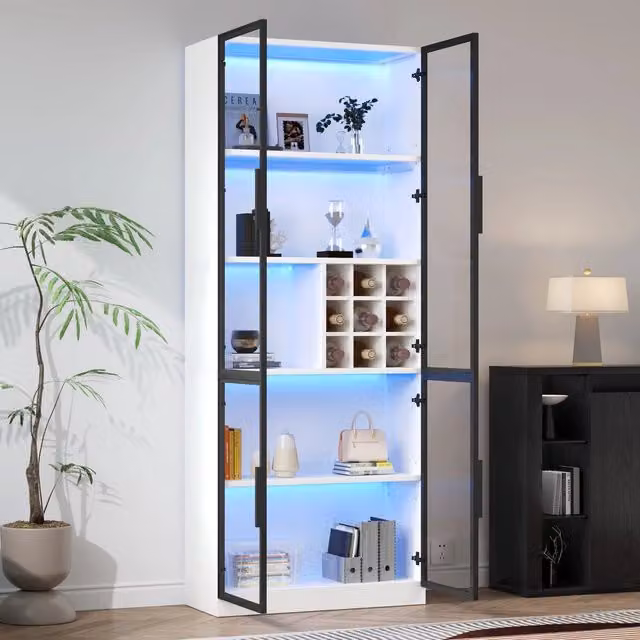 Vetrina Mivray moderna con ante in vetro, portabottiglie, illuminazione integrata e ripiani interni, bianca, L: 80 cm, P: 35 cm, H: 200 cm