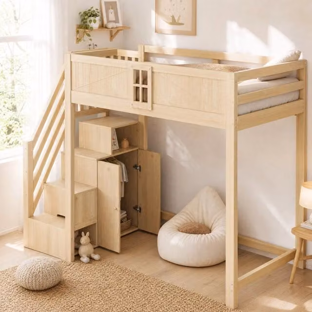 Letto a soppalco singolo REDOM in legno massiccio naturale con scala a gradini e scomparti laterali L/P/H: 200 x 90 x 65 cm