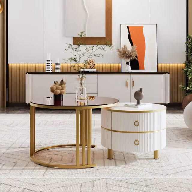 Tavolino rotondo 2-in-1 GL Store in MDF e vetro temperato con 2 cassetti, piano bianco e piano marrone, design moderno per soggiorno