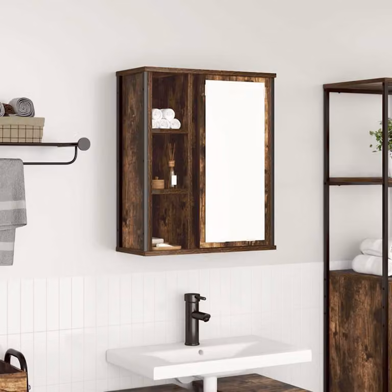 vidaXL Pensile da Bagno con Specchio in Rovere Fumo e Stile Industrial, L: 50 cm, P: 20 cm, H: 60 cm