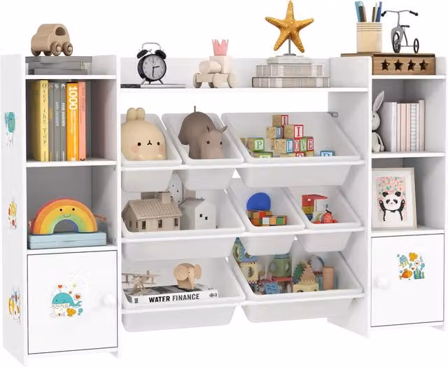 Scaffale per bambini MINIMAL con 8 contenitori, bianco, L 140 cm x P 30 cm x H 90 cm
