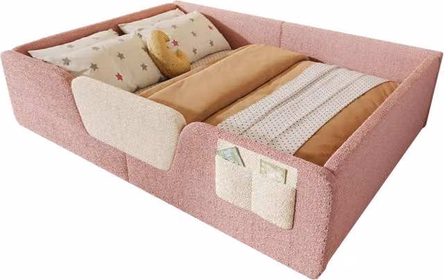 Letto per bambini moderno in velluto rosa con barriere rimovibili e tasca laterale L/P: 140 x 190 cm