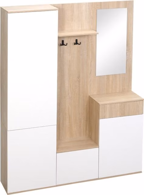 Mobile da ingresso 4 in 1 HOMCOM con appendiabiti, panca, scaffale e armadietti, L: 145 cm, P: 29 cm, H: 184 cm, Nero e Bianco