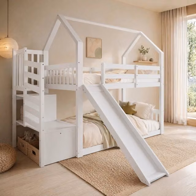 Letto a castello REDOM per bambini in pino e MDF con scivolo, scala con vano portaoggetti e struttura a casetta, bianco, L/P/H: 90 x 200 cm