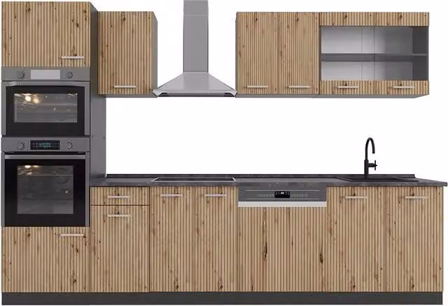 Cucina componibile moderna Vicco R-Line Rovere e Antracite con armadio alto, L: 300 cm