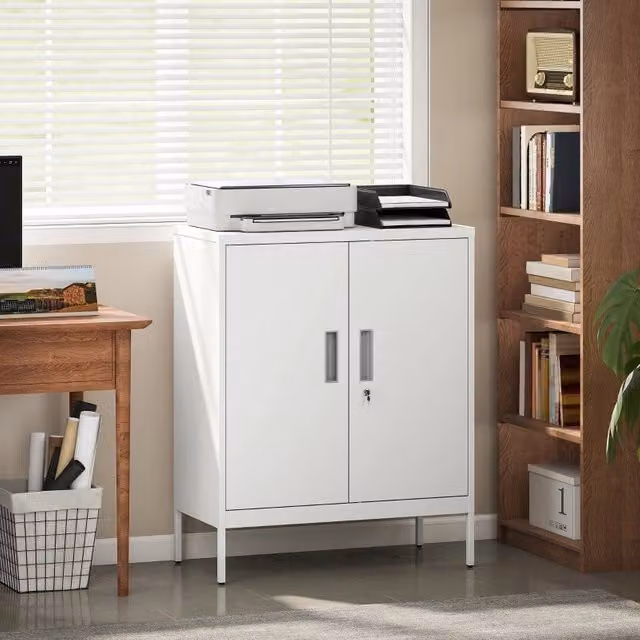 Mobile contenitore OKWISH in metallo bianco con 2 ante e ripiani regolabili, dotato di serratura, ideale per ufficio e casa, L: 100 cm, H: 80 cm, P: 40 cm