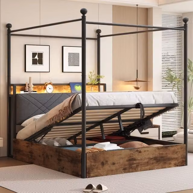 Letto a baldacchino REDOM moderno in metallo e MDF nero con base a contenitore e porta USB L/P: 140 x 190 cm
