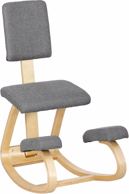 Sedia ergonomica inginocchiatoio con schienale XYLO in legno di betulla e cuscini imbottiti in tessuto grigio