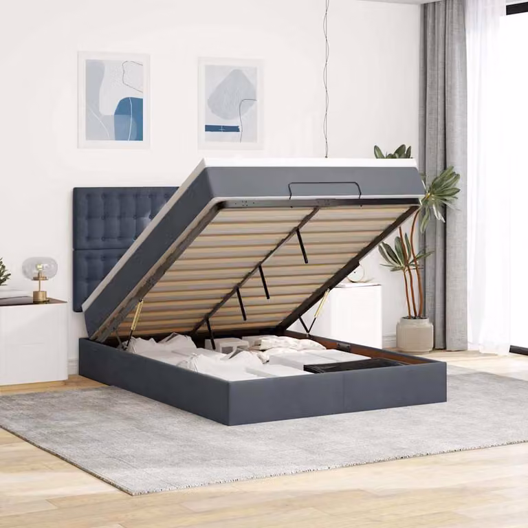 Letto con contenitore a sollevamento vidaXL in velluto con materasso, L: 140 cm, P: 200 cm, H: 128 cm, disponibile in grigio o bianco