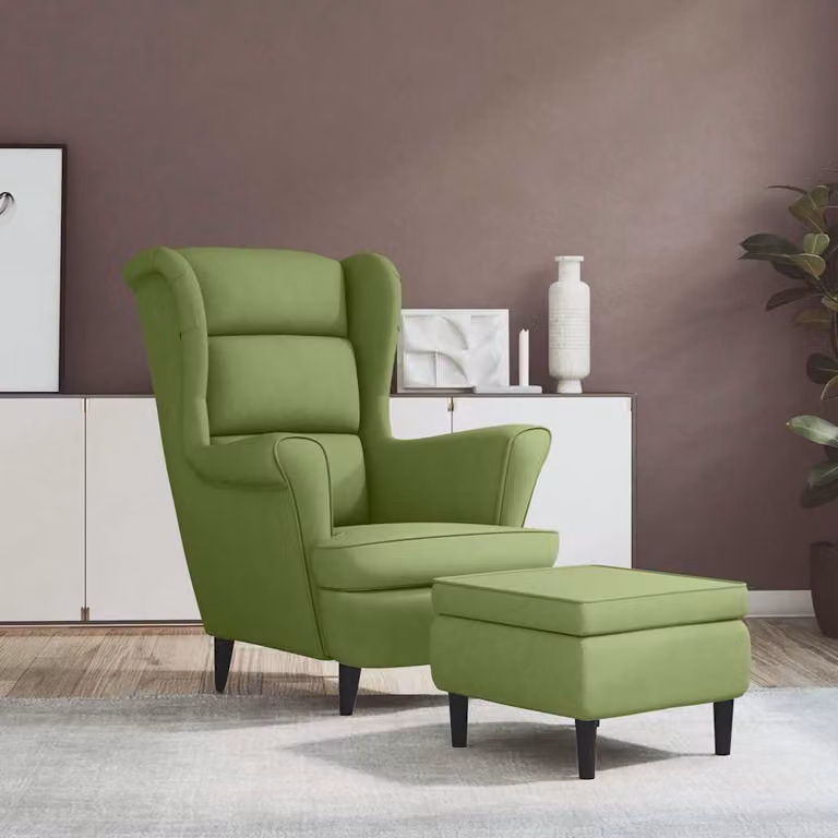 Poltrona Schienale ad Ala con Poggiapiedi vidaXL in Velluto Verde Chiaro con Struttura in Legno e Schiuma
