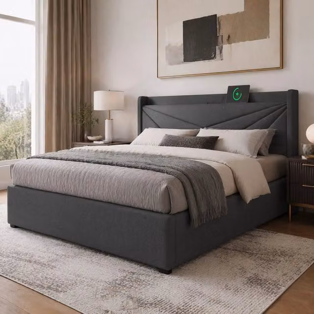 Letto contenitore Mivray con testiera imbottita geometrica e porte USB e Type-C, rivestimento in tessuto grigio, L/P/H: 140 x 200 x 146 cm
