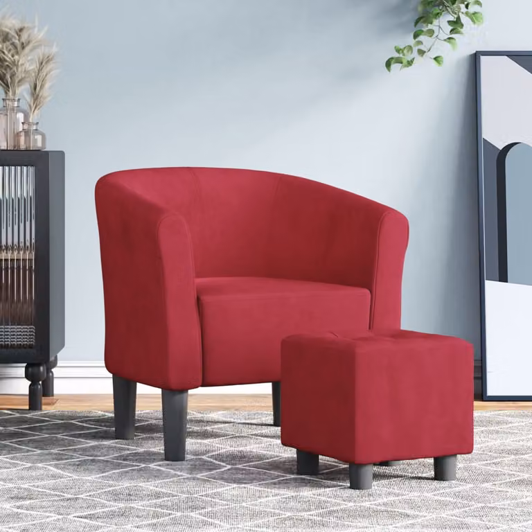 vidaXL Poltrona Cabriolet con Poggiapiedi in Velluto Rosso Vino con Struttura in Legno e Plastica L/P/H: 68.0 x 70.0 x 56.0 cm