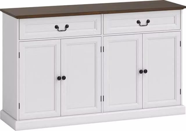 Buffet da cucina e mobile da salotto HOMCOM con 4 ante, 2 cassetti soft-close e ripiani regolabili, Bianco e marrone, L: 140 cm, P: 40 cm, H: 85 cm