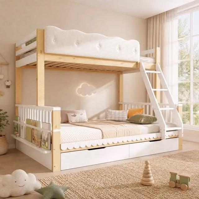 Letto a castello Mivray in legno bianco e rovere con cassetti e portariviste, L/P/H: 204 x 145 x 154 cm