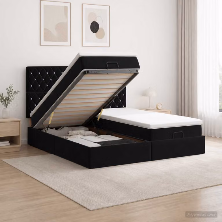 Letto ottomano con materasso e testiera vidaXL in velluto nero, L/P/H: 203 x 160 x 88 cm