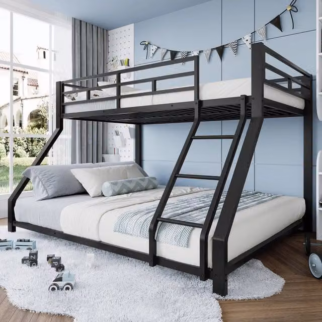 Letto a castello Mivray in metallo nero con scala e barriera, ideale per camera da letto e cameretta, L/P/H: 204 x 144,5 x 136 cm