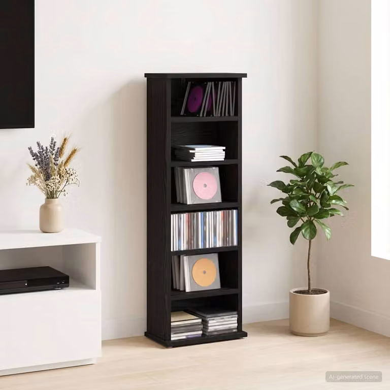 Mobile per CD vidaXL Rovere Nero in Legno Ingegnerizzato con Ripiani Regolabili L: 60 cm, P: 17 cm, H: 92 cm