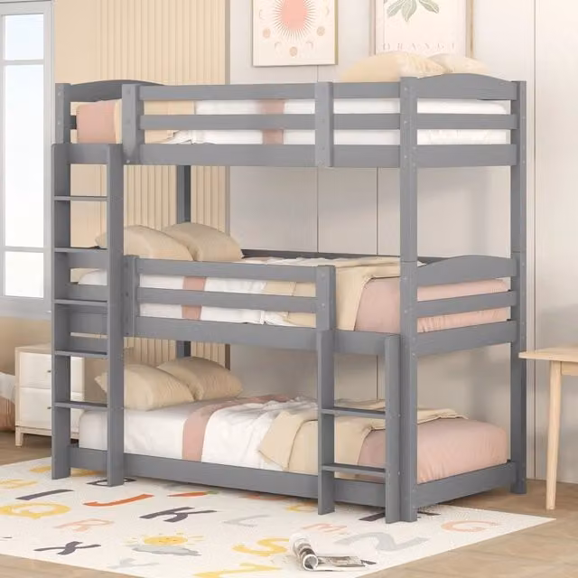 Letto a castello triplo Mivray in pino e MDF grigio con scale, dimensioni L/P/H: 90 x 200 x 193,5 cm