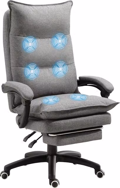 Poltrona da Ufficio Ergonomica Aosom con Massaggio, Reclinabile e Regolabile in Altezza, Seduta Imbottita in Tessuto con Poggiatesta e Rotelle, Grigio
