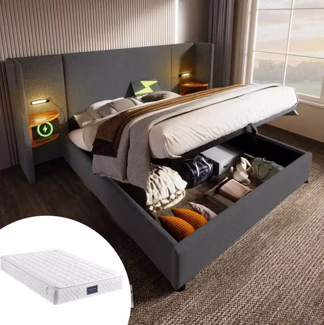 Letto matrimoniale MODFU in tessuto grigio con contenitore, lampada da lettura integrata e porte USB/Type-C, L/P: 160 x 200 cm