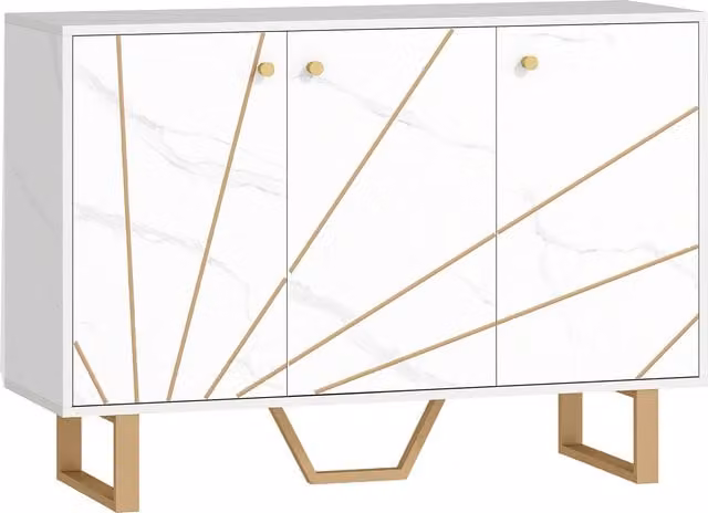 Buffet mobile HOMCOM con 3 porte, mensola regolabile e piedi in metallo, effetto marmo bianco e dettagli oro
