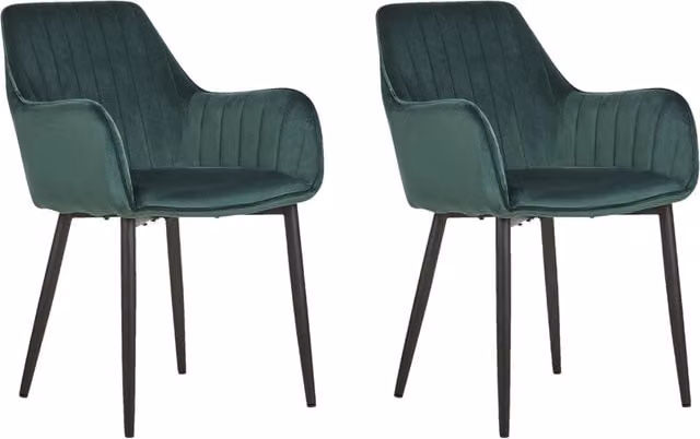 Set di 2 sedie da pranzo Beliani con braccioli in velluto verde e gambe in metallo nero stile glamour
