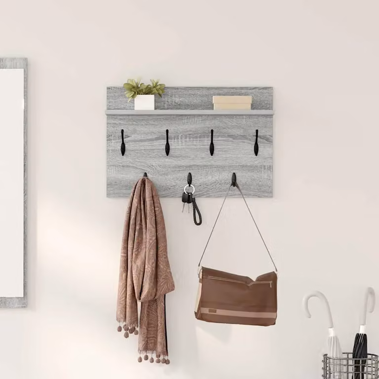 vidaXL Appendiabiti a muro in MDF Grigio con ganci distribuiti L: 60 cm, P: 40 cm, H: 12 cm