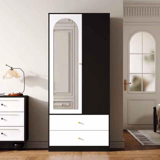 Armadio moderno con specchio, 2 cassetti e 4 ripiani in MDF bianco e nero, L: 80 cm, P: 40 cm, H: 180 cm