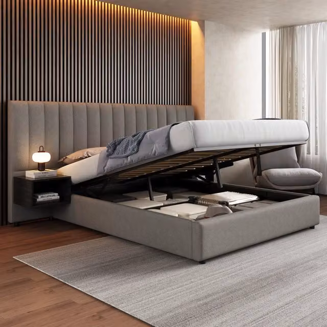 Letto contenitore MIVRAY con due comodini, rivestito in lino grigio e nero, con rete a doghe in legno, L/P: 160 x 200 cm