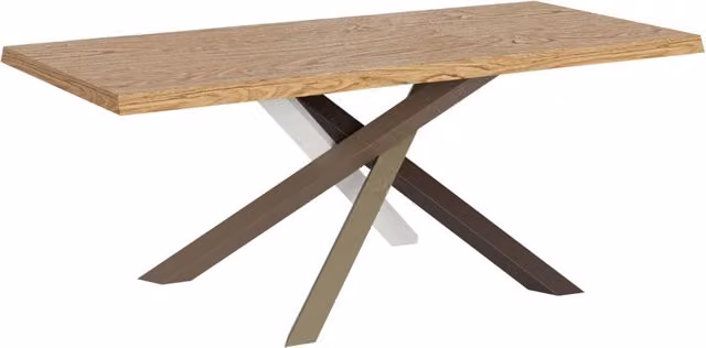 Tavolo allungabile moderno Itamoby in legno di rovere con bordo live edge e struttura a X, L/P/H: 180 x 90 x 75 cm (estendibile a 230 cm)