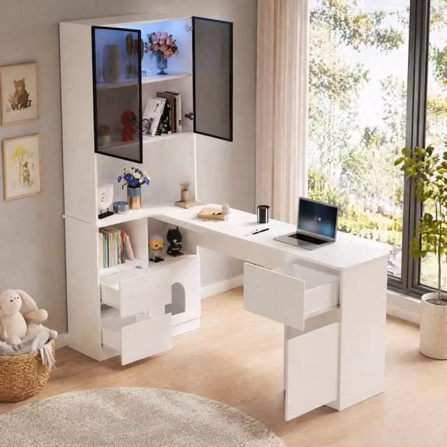 Scrivania angolare Mivray con libreria e vetrina LED a 7 colori, 3 cassetti e vano per animali, in MDF bianco L/P/H: 120 x 80 x 180 cm