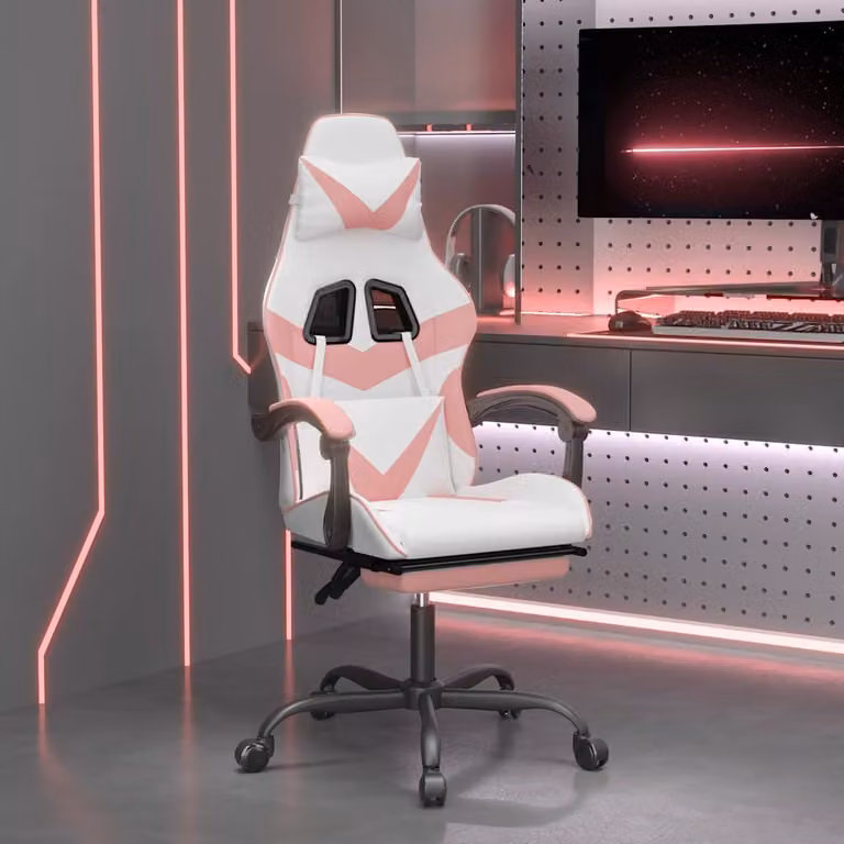Sedia da Gaming Girevole vidaXL in Similpelle Bianca e Rosa con Poggiapiedi e Braccioli