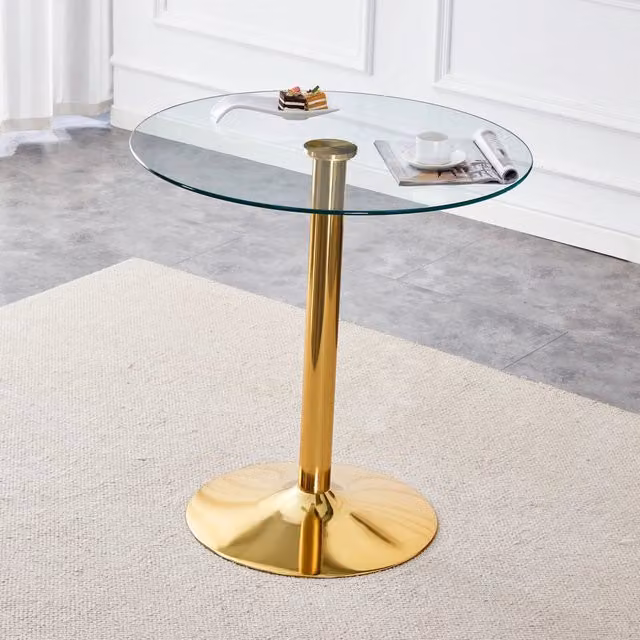Tavolo alto moderno MIVRAY con piano rotondo in vetro trasparente e base in metallo oro, Diametro: 89 cm, Altezza: 92 cm