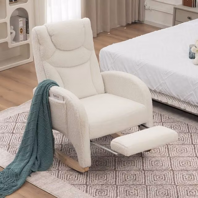 Sedia a dondolo con braccioli REDOM in tessuto bouclé bianco L 125 cm, P 66 cm, H 101 cm