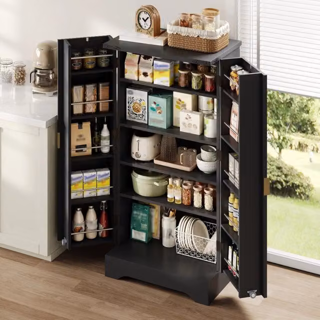 Mobile colonna da cucina Mivray nero con LED integrato, due ante e ripiani regolabili in MDF, H 120 cm x L 60.5 cm x P 40 cm