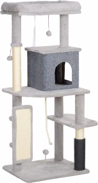 Albero per gatti multilivello PawHut con casetta, lettino e tiragraffi in sisal, Grigio, Altezza: 132 cm