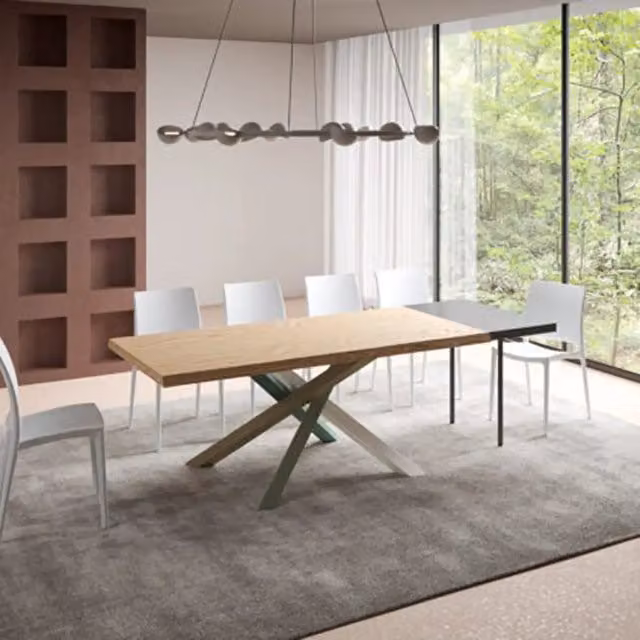 Tavolo allungabile moderno Itamoby in legno di rovere con bordo live edge e gambe a X, L/P/H: 180-280 x 90 x 75 cm