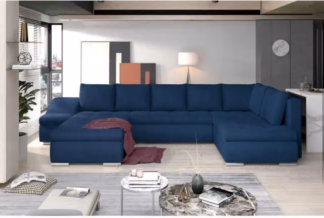 Divano panoramico a U MEUBLORAMA blu con angolo sinistro, funzione letto e poggiatesta regolabile, struttura in metallo e rivestimento in tessuto, L: 351 cm, P: 190 cm, H: 82 cm