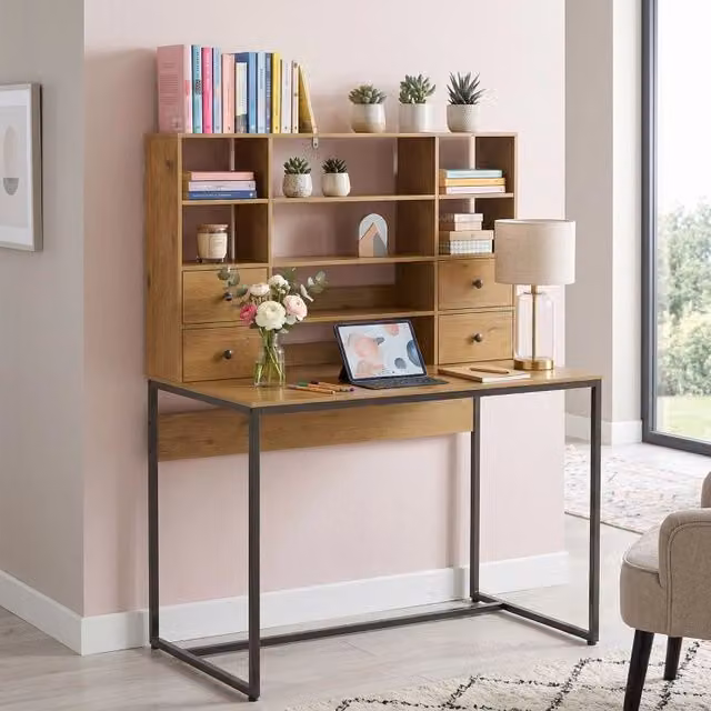 Scrivania WISHDOR per computer e ufficio in legno e metallo, colore marrone, L: 105 cm, P: 60 cm, H: 74 cm