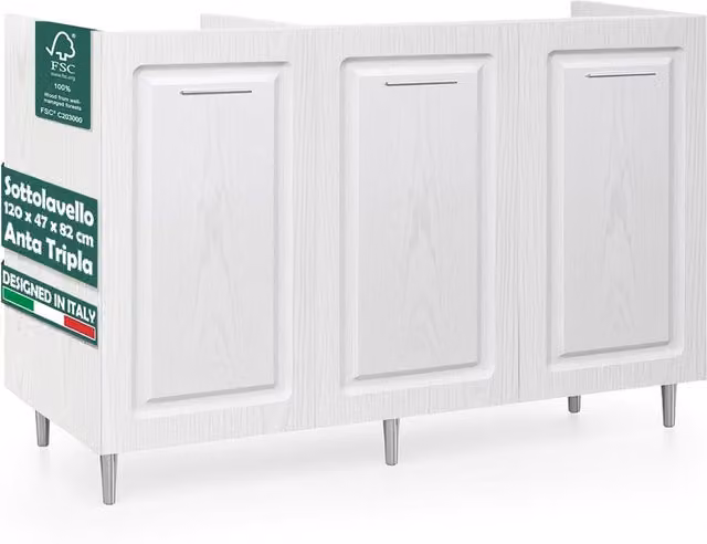 Mobile Sottolavello Cucina Componibile Shally Dogan in Legno Bianco Frassino con 3 Ante, L: 120 cm, P: 50 cm, H: 85 cm