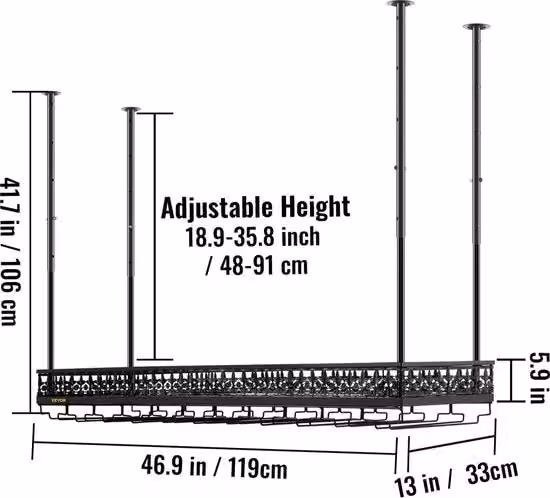 Portabottiglie e portavasi Volda in metallo nero con ripiani regolabili da appendere al muro L: 106 cm, P: 33 cm, H: 119 cm