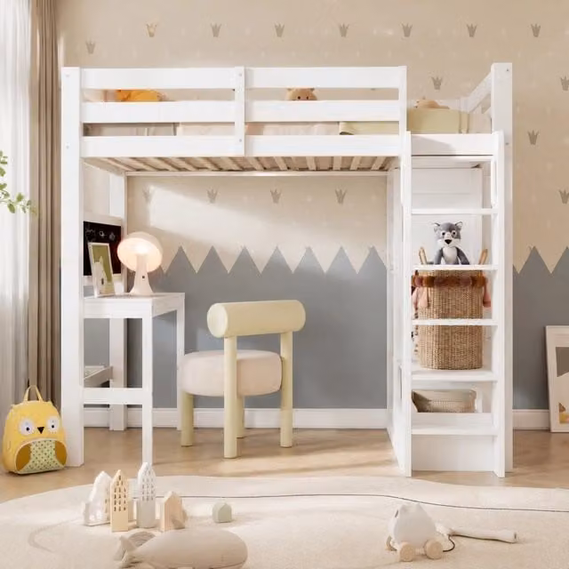 Letto a soppalco singolo Mivray bianco con scrivania lavagna bifacciale armadio aperto e ripiani in legno