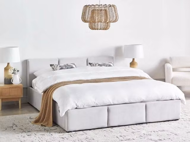 Letto Ottomano Beliani in Velluto Grigio con Contenitore e Testiera Tappezzata L/P/H: 160 x 200 x 170 cm