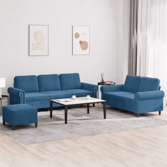 Set di divani moderno vidaXL in velluto blu composto da divano a 3 posti, divano a 2 posti e pouf con cuscini inclusi