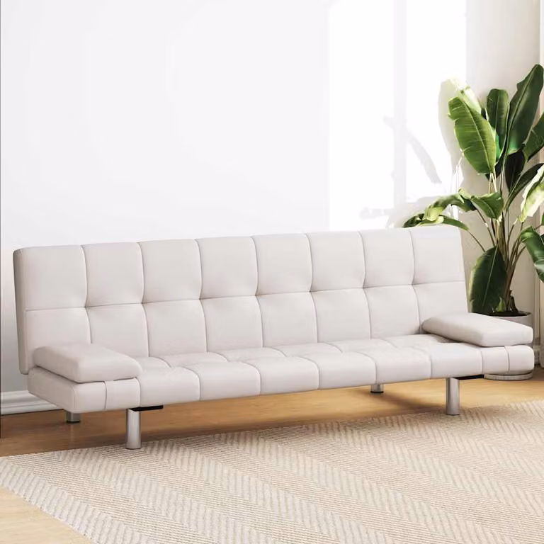 vidaXL Divano Letto Click-Clack in Similpelle Bianco con 2 Cuscini e Struttura in Legno Solido