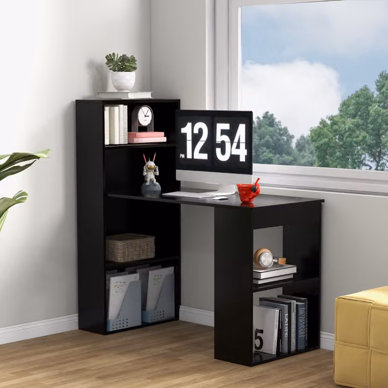 Scrivania per computer moderna Costway con libreria integrata e 6 ripiani, colore nero, larghezza: 122 cm