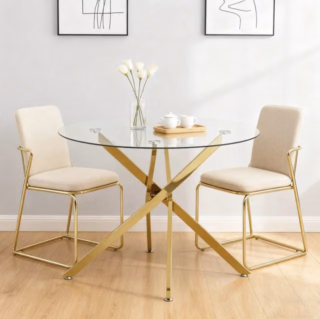 Tavolo rotondo moderno MODFU in vetro trasparente con gambe in metallo oro L: 80 cm, P: 80 cm, H: 76 cm